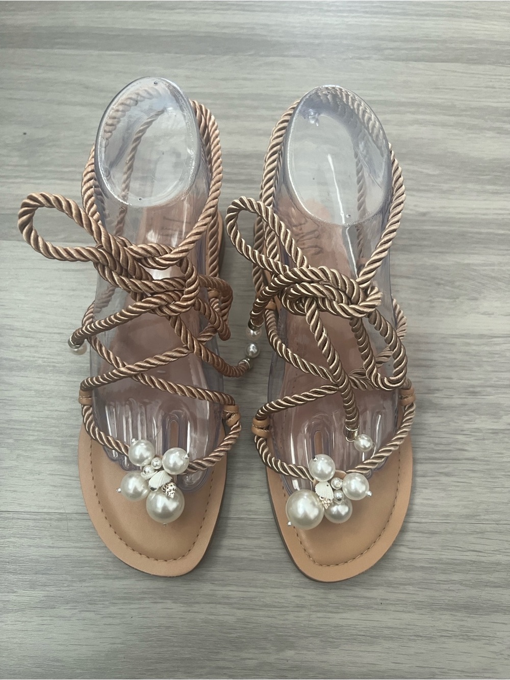 INC International Concepts Pearl Embellished Lace-Up Flat Sandals Size 6 Boho
